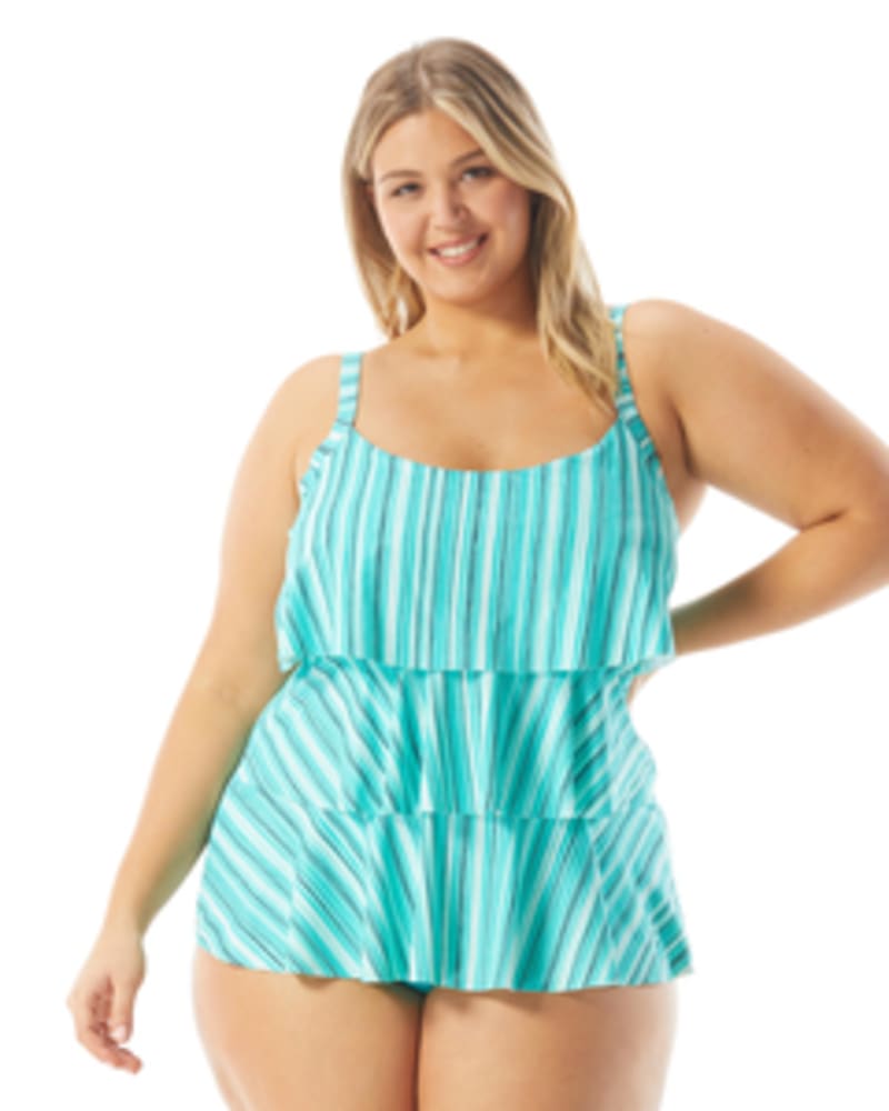 Front of a model wearing a size 16W Jane Ruffle Tankini in ALOHA JADE - 354 by Beach House Woman. | dia_product_style_image_id:269164